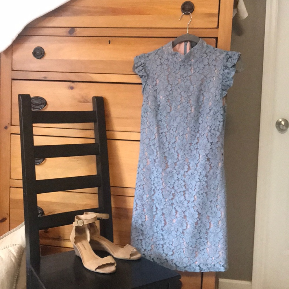 Blue Lace Dress with Nude Underlayer